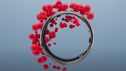 A closeup of a silver ring with red balls of different sizes on the left half of the ring. It all looks like it is floating in a liquid. It has a light blue gray background.