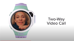 A round white watch with a green and purple band shows a mom blowing a kiss. The text reads Two-Way Video Call.