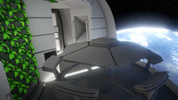 A view aboard a space station looking out at the Earth through a room size window. There are plants in a vertical column on the left wall. There is a large light gray hexagon table in front of the window with bench style seats. There is a doorway to the left.
