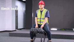 A person in a red construction hat and yellow vest rides a black quadruped robot like a horse.