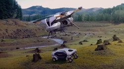 an artist's rendering of a drone flying away after dropping off a small 4-wheeled vehicle in the wilderness