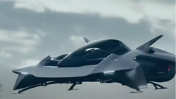 A closeup of a flying eVTOL that looks like a sports car.