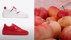 A split screen shows two sneakers on the left, one white with red trim above the other all red shoe. On the right is a closeup of red apples
