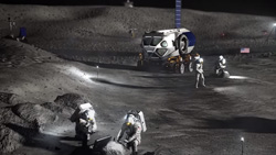 An artist's conception of a moon exploration team of 4 astronauts and a 4-wheeled lunar transport on the moon