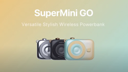 Text reads SuperMini GO. Three wireless powerbanks are shown. They look like small digital cameras. One is silver, one is black and the other is light blue.