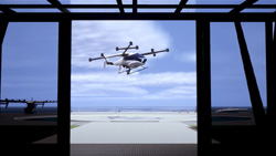 Artist's conception of a white and black eVTOL that looks similar to a helicopter landing outside of a building